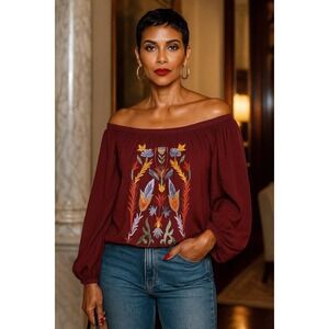 Solitaire Womens Off Shoulder Top Blouse Large Burgundy Embroidered Artsy Moody